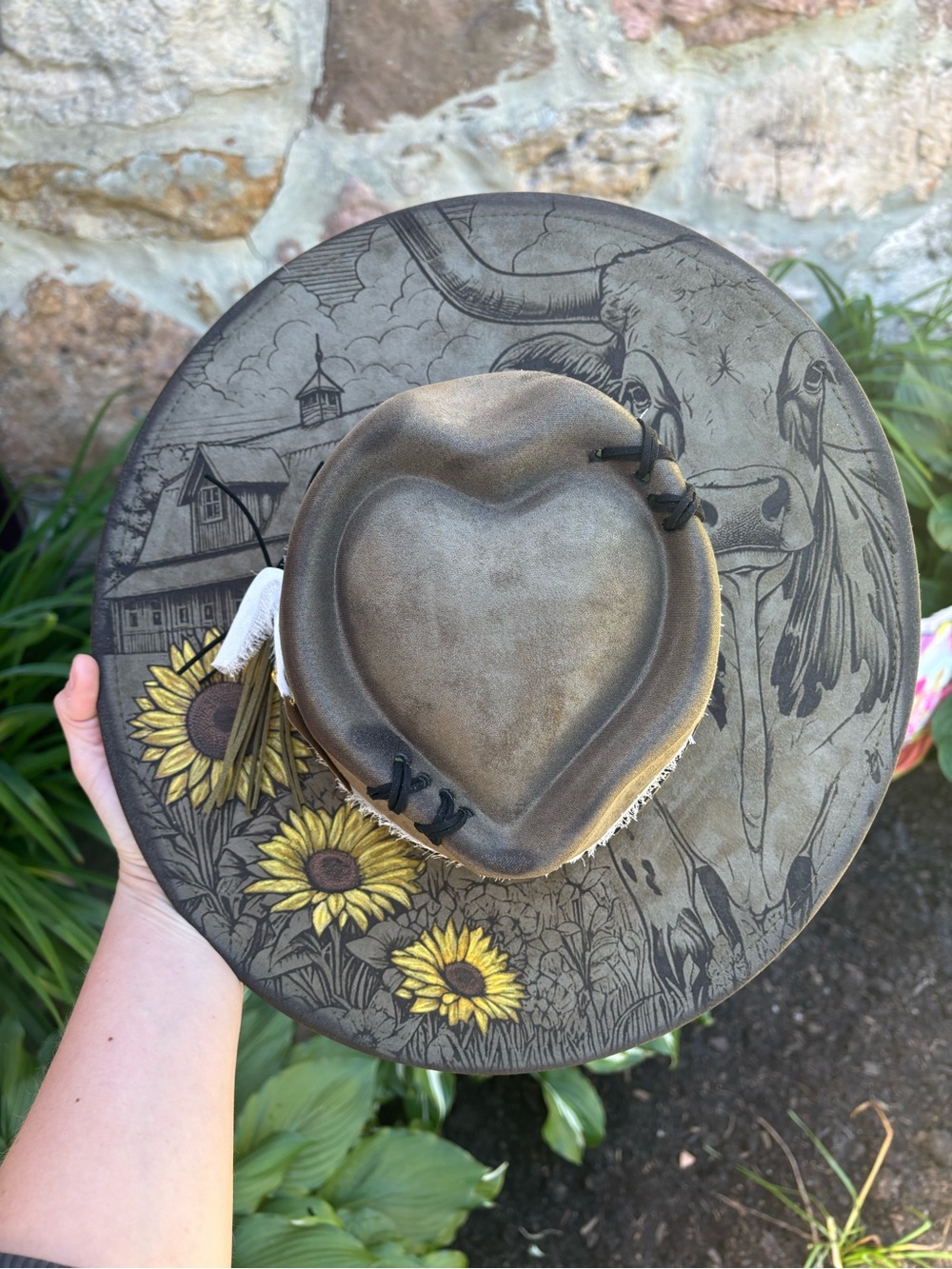New OS Cow with Sunflowers Olive Green suede hat